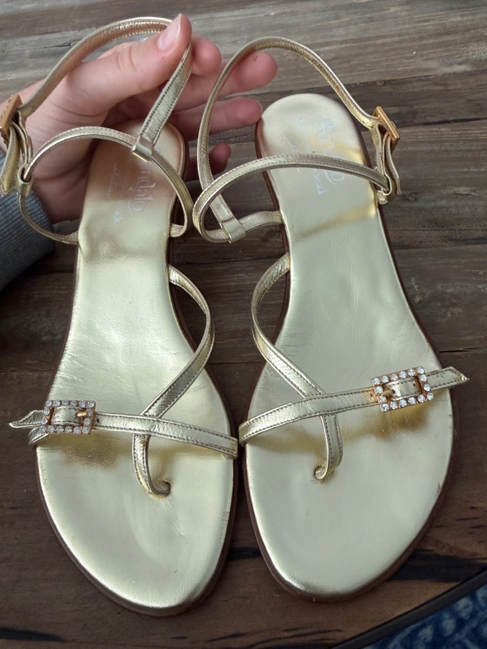 Gold Strappy Rhinestone Buckle Women’s Sandals